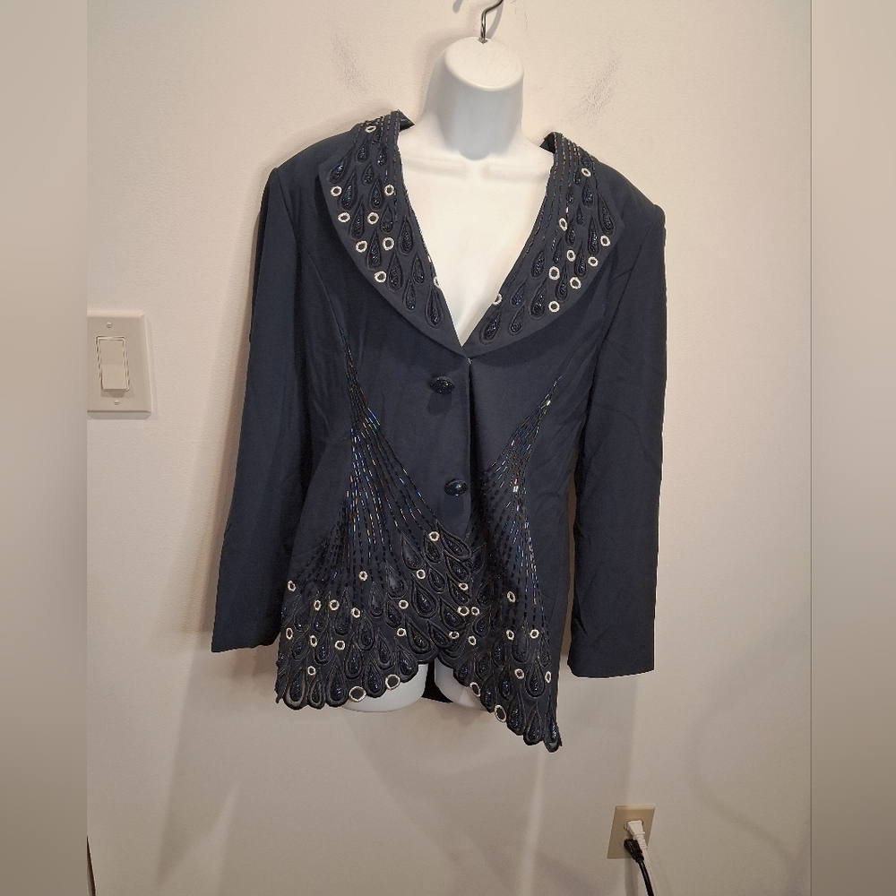 Frenchic New York Size 10 Navy Beaded Peacock Statement Blazer
